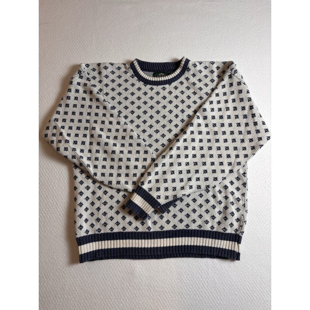 Vintage Jansen Cream and Blue Cotton Crew Neck Sweater M
